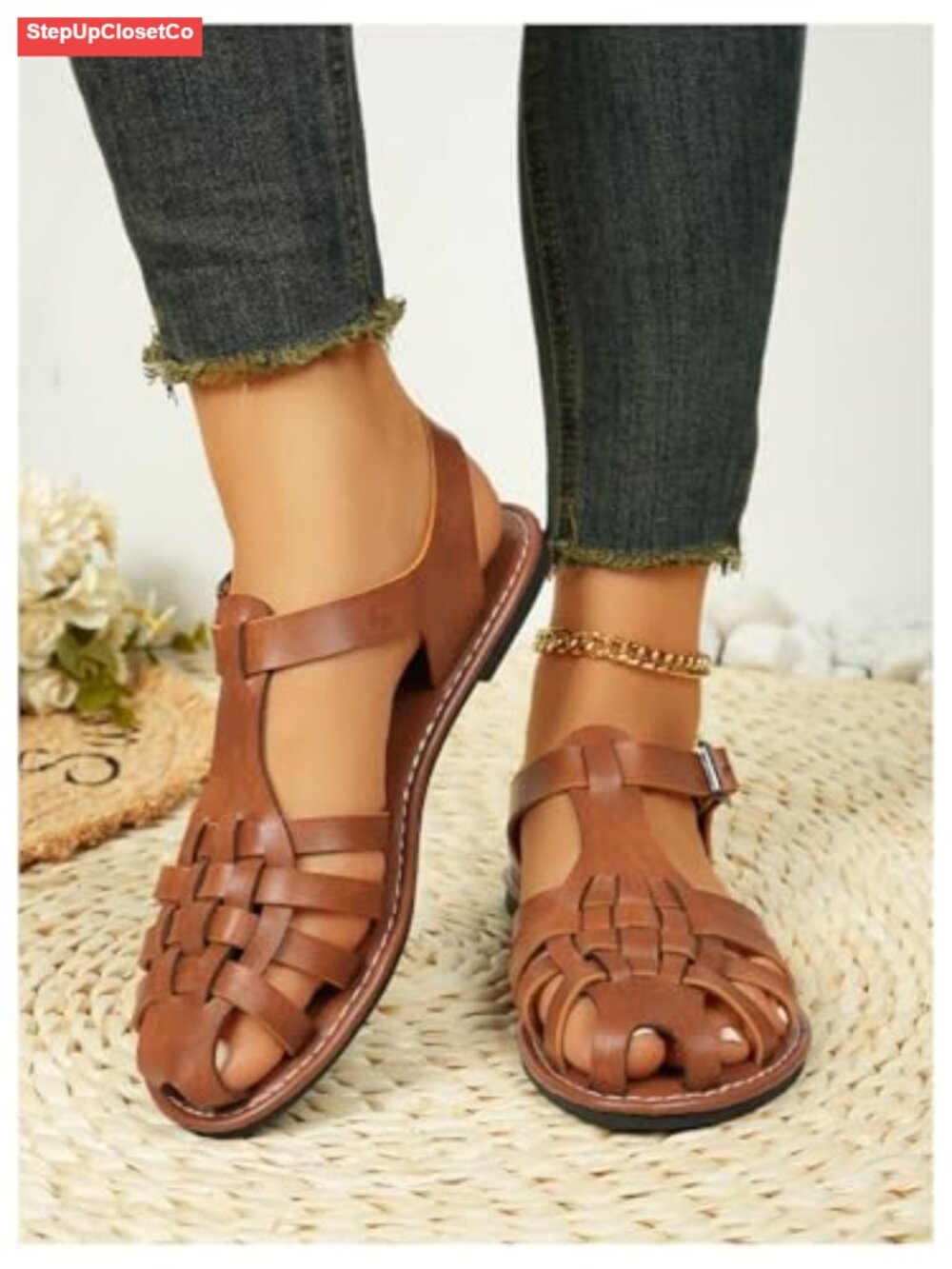 Closed Toe Flats Sandals Huaraches Faux Leather Fisherman Sandals - Picture 4 of 6